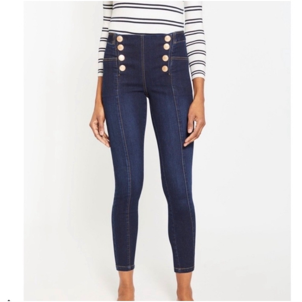 J.McLaughlin Hastings Sailor Jeans Women 14 Blue Dark Wash Gold Button High Rise